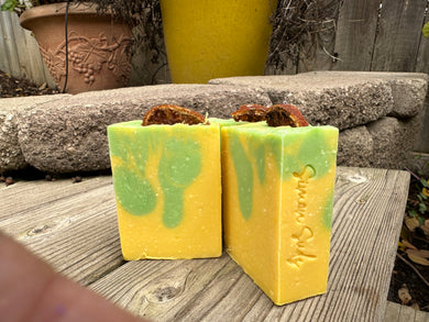 a yellow and green bar of soap with dried orange